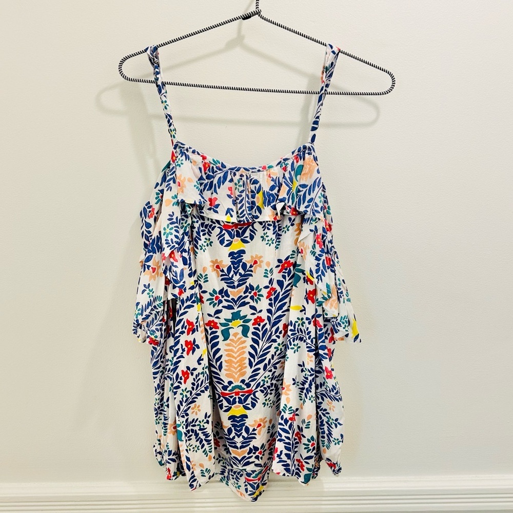 Roberta Roller Rabbit Cold Shoulder Blouse XS long sleeves blue white